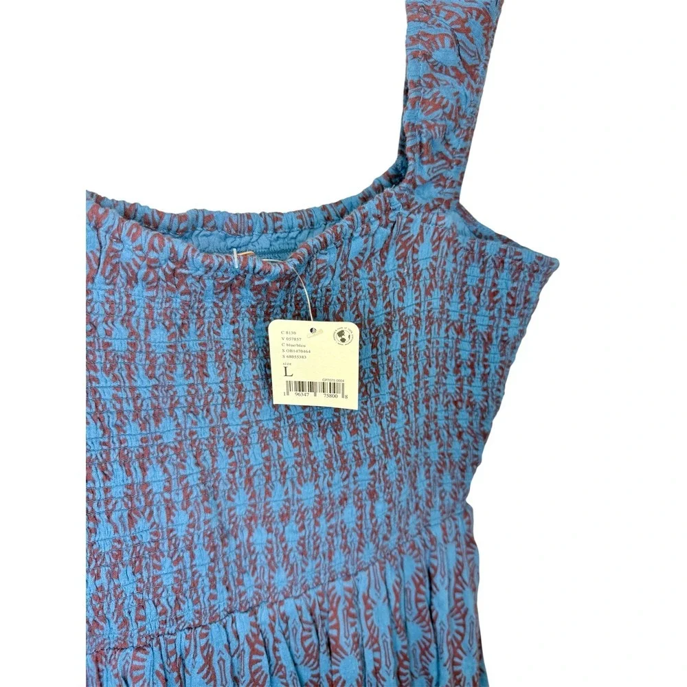 Free People Sweet Annie Mini Dress Blue Print Smocked Tiered Square Neck Womens - Picture 4 of 5